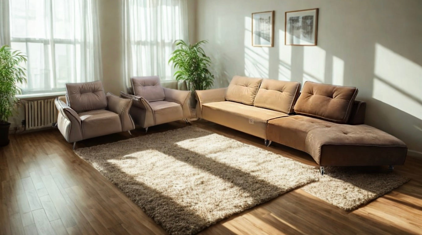 ECH-13A Luxury Leather Sofa Set - 1 & 2 Seater with Curved Fabric Extension