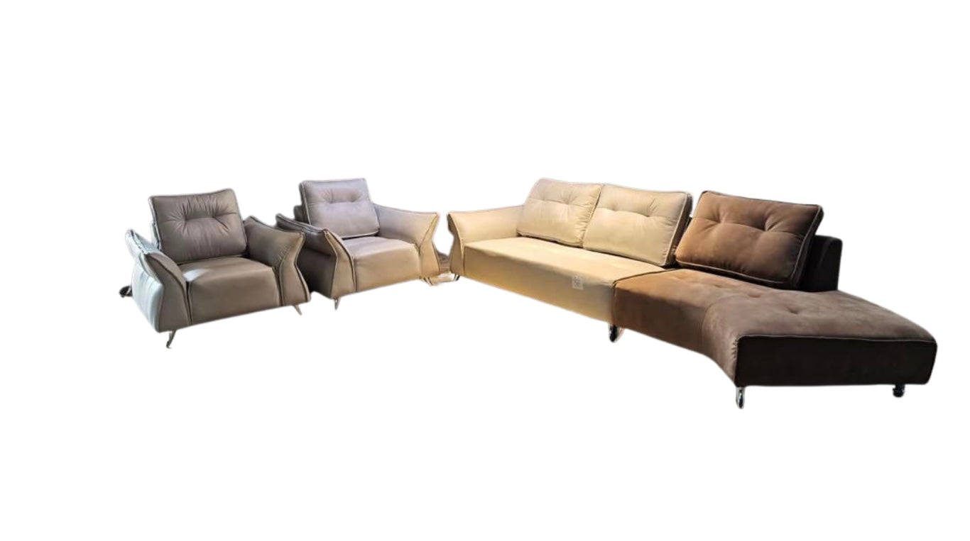 ECH-13A Luxury Leather Sofa Set - 1 & 2 Seater with Curved Fabric Extension